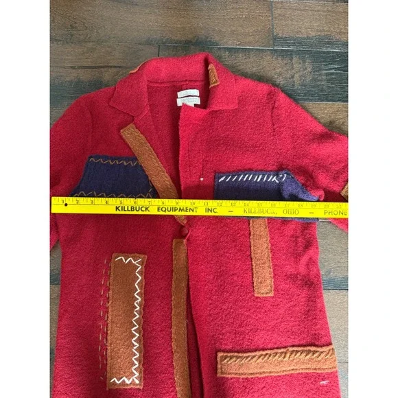 Christopher Banks Red Boiled Wool Patchwork Cardigan Jacket Blazer Womens Large - Picture 8 of 8